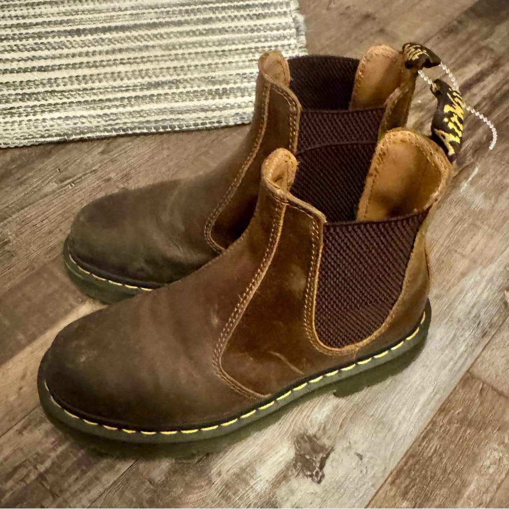 Dr. Martens Brown Leather Chelsea Chukka Boots with Yellow Stitching
